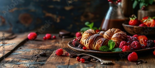 Delicious chocolate croissants fruit for breakfast on rustic wooden table. Creative Banner. Copyspace image