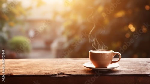 Latte, coffee or cappuccino mug on wooden table in a cafe, beautiful with natural light, vintage tones, food and drink. Copy space for text banner
