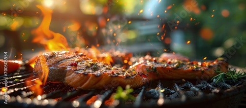 Fish grill bbq Grilled salmon fish steak on the flaming grill Smoking barbecue on the backyard porch. Creative Banner. Copyspace image photo