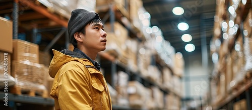 An Asian male worker in a warehouse checks cardboard boxes delivery in logistics Distribution center Logistics and export of business factory warehouse. Creative Banner. Copyspace image