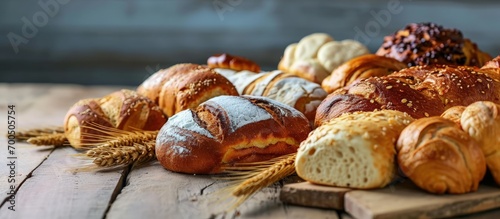 Bakery product assortment with bread loaves buns rolls and Danish pastries. Creative Banner. Copyspace image
