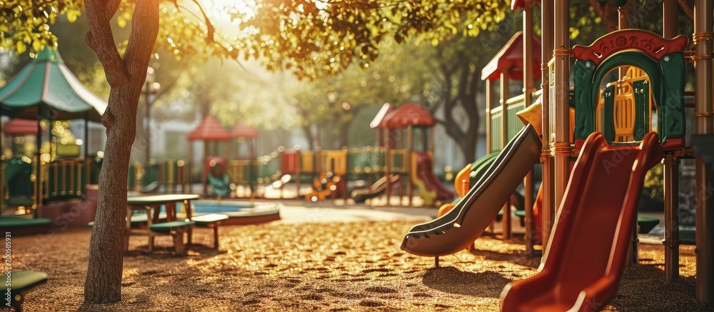 An image of a colorful children playground without children. Creative Banner. Copyspace image