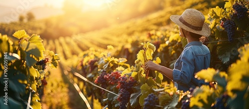 Back view a woman with long hair of mixed race in a straw hat stands in the vineyards holding a glass of wine and grapes Tourist autumn season harvest agriculture yellow Brazilian summer mood photo