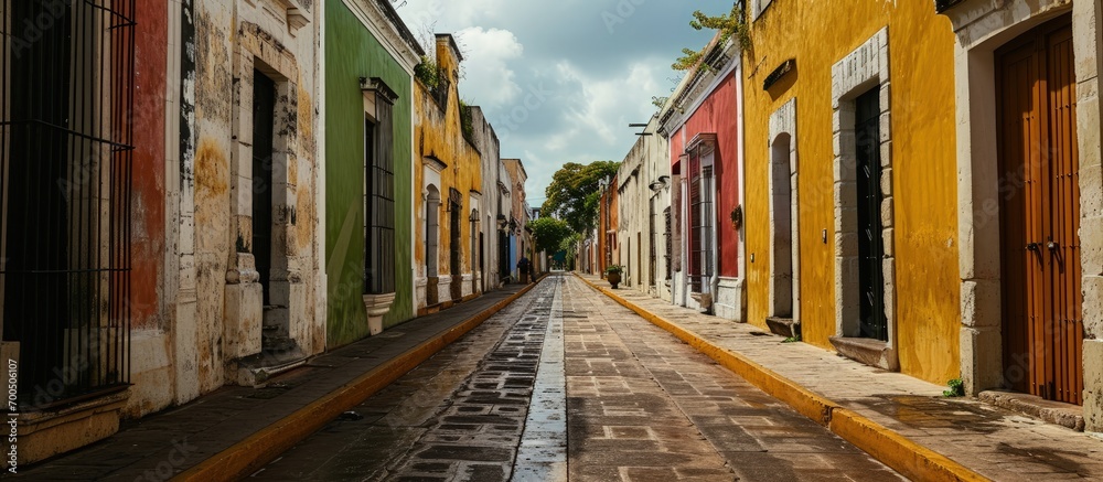Colorful empty colonial street in the historic center of Campeche Mexico. Creative Banner. Copyspace image