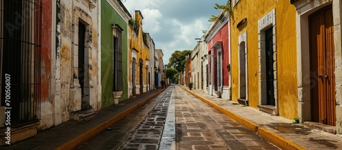 Colorful empty colonial street in the historic center of Campeche Mexico. Creative Banner. Copyspace image