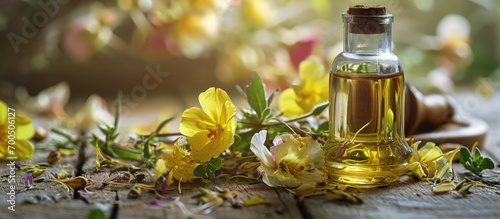 A glass bottle with capsules of evening primrose oil spilled on a table with blooming Oenothera biennis plant in the background. Creative Banner. Copyspace image photo