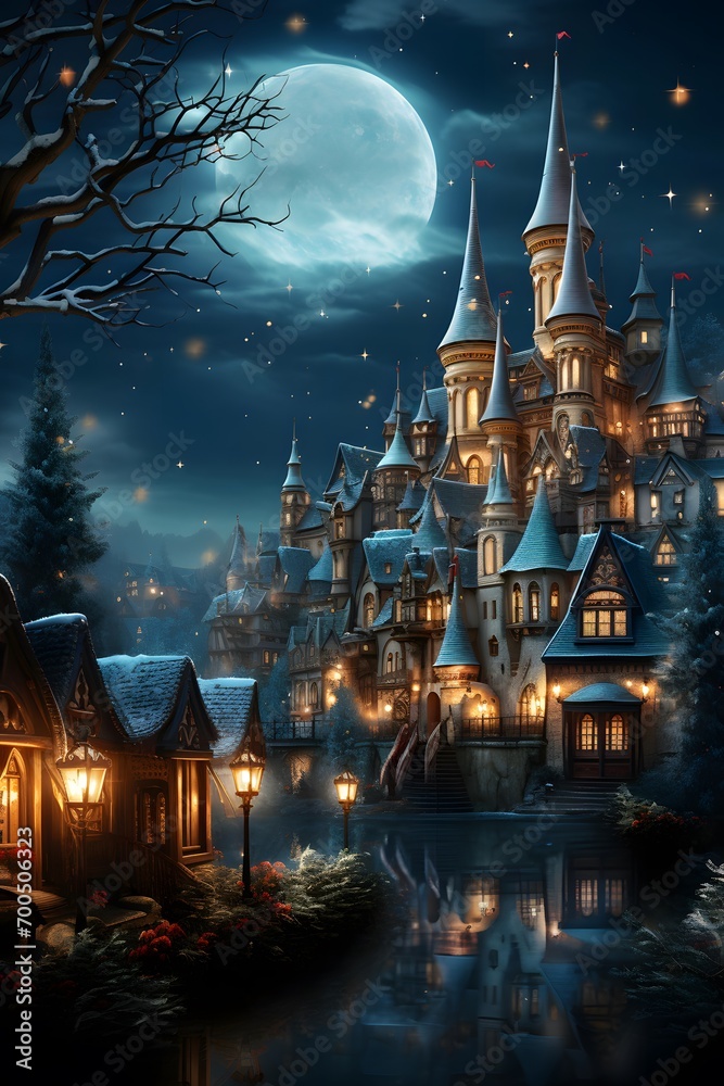 Magic castle at night in the moonlight. Fairytale landscape.