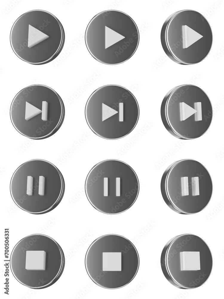 Set of silver media player buttons, PNG, transparent background, 3d render media player buttons Set of silver media player buttons, PNG, transparent background, 3d render media player buttons