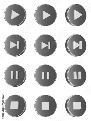 Set of silver media player buttons, PNG, transparent background, 3d render media player buttons