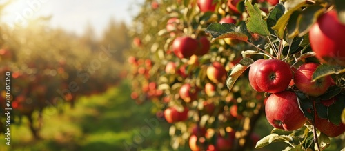Apple trees in an orchard with ripe apples ready for harvest. Creative Banner. Copyspace image