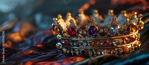Beautiful jewel crown with ruby and diamond stones on velvet with color and blur effects Jewelry crown decoration item. Creative Banner. Copyspace image photo