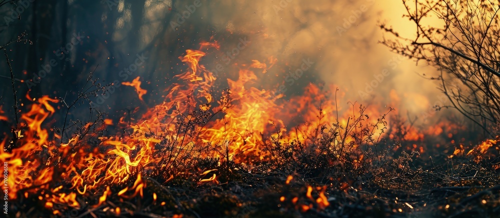 Controlled burning of vegetation in the spring. Creative Banner. Copyspace image - obrazy, fototapety, plakaty 