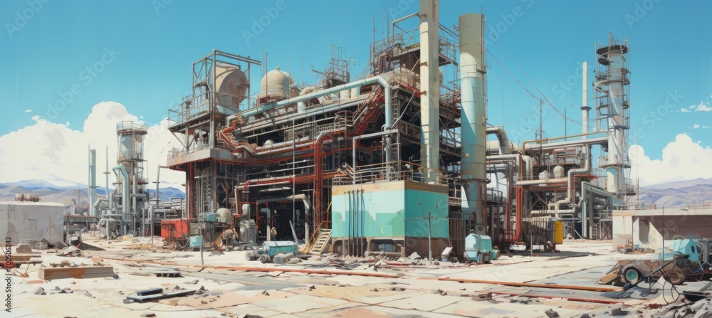 Fototapeta premium Power plant construction project and tower cranes. Generative AI technology.