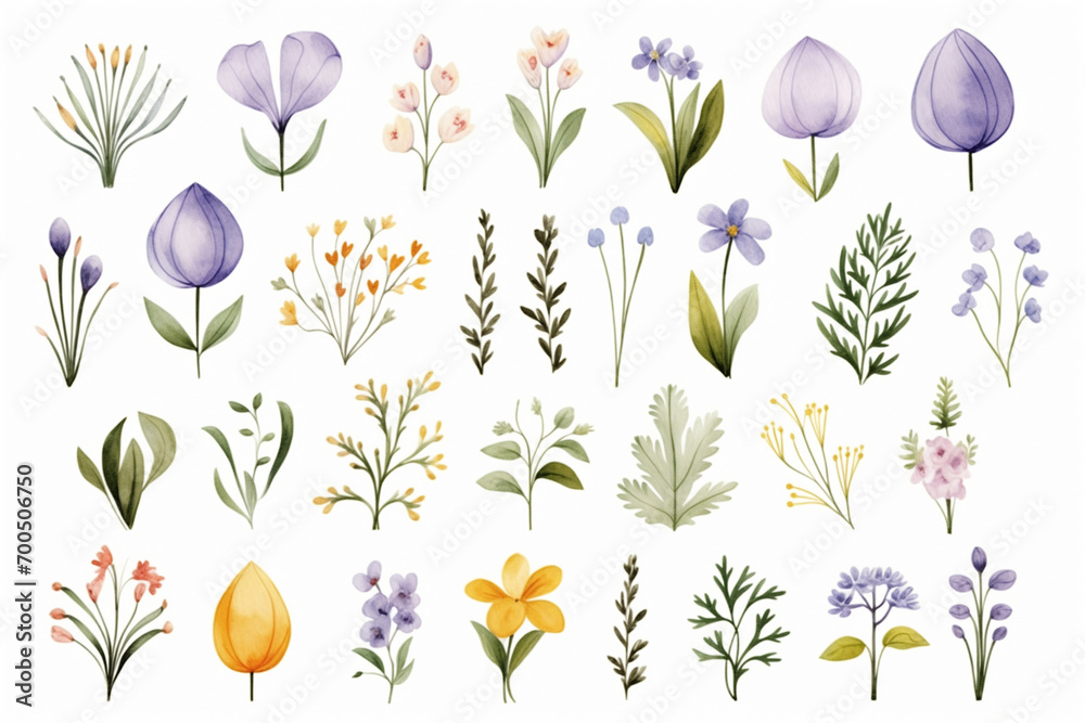 Isolated Easter watercolor decoration elements, flowers and eggs