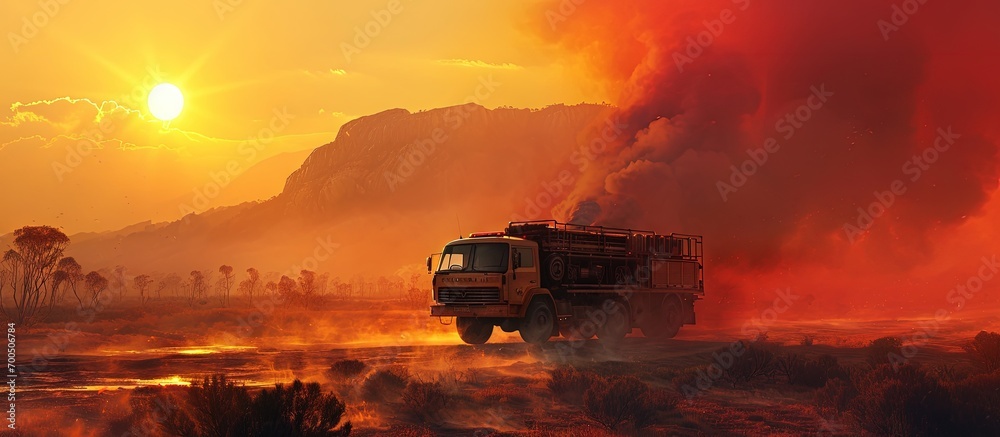 A Rural Fire Service fire and rescue vehicle responds urgently to a large out of control bushfire in the mountains Smoke and sun casts a red glow across the landscape. Creative Banner