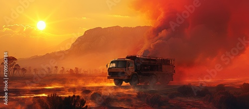 A Rural Fire Service fire and rescue vehicle responds urgently to a large out of control bushfire in the mountains Smoke and sun casts a red glow across the landscape. Creative Banner