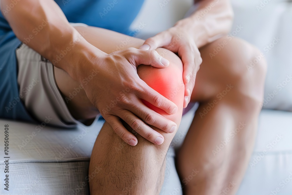 Knee joint pain in Caucasian man. Concept of osteoarthritis, rheumatoid arthritis or ligament injury - obrazy, fototapety, plakaty 