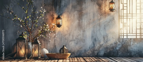 Cozy lanterns and tree branches in a vase decorating a room. Creative Banner. Copyspace image