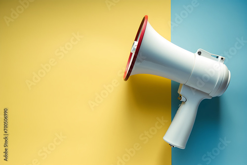 Megaphone or hand speaker isolated on blue and yellow background with copy space