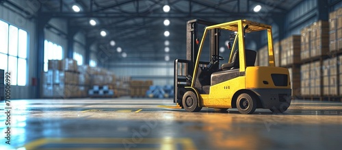 Interior of warehouse dock load cargo electric forklift pallet jack with large shipment goods pallet. Creative Banner. Copyspace image photo