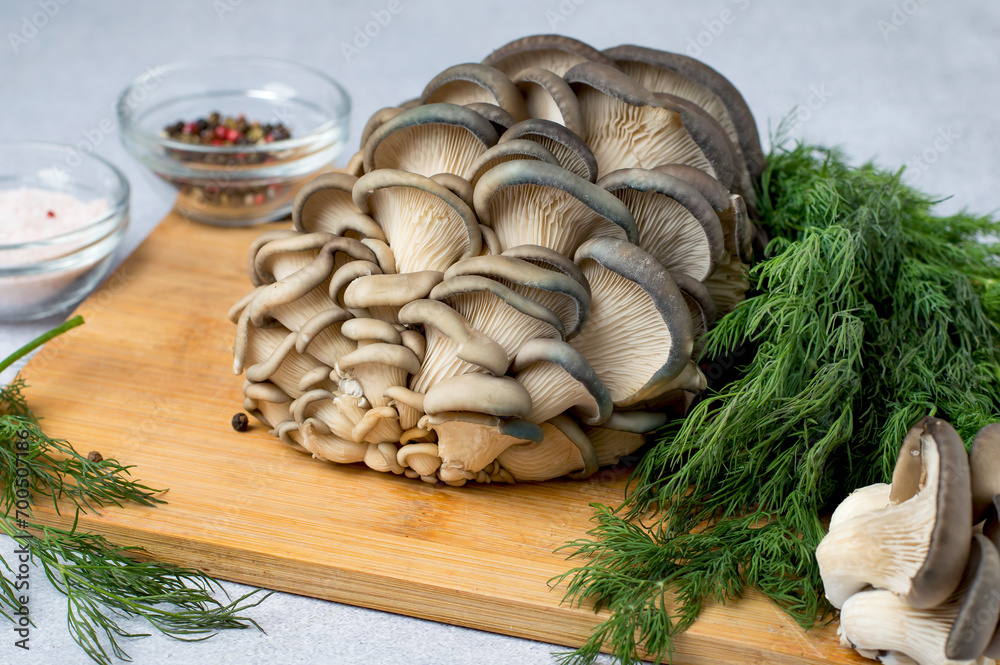 Fresh organic oyster mushrooms with a bunch of dill, peppercorns and pink salt on a kitchen board. Horizontal.