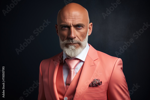 A Stylish Man in a Peach Fuzz color Suit Posing  Created With Generative AI Technology