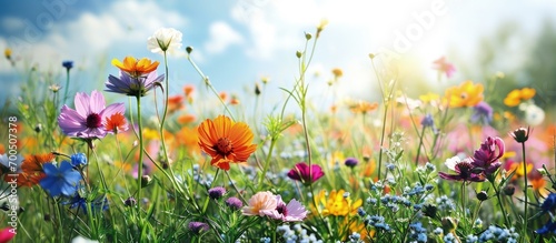 How beautifully the flowers of blue purple red pink color are blooming they look very beautiful green nature all around the sun shining in the open sky. Creative Banner. Copyspace image