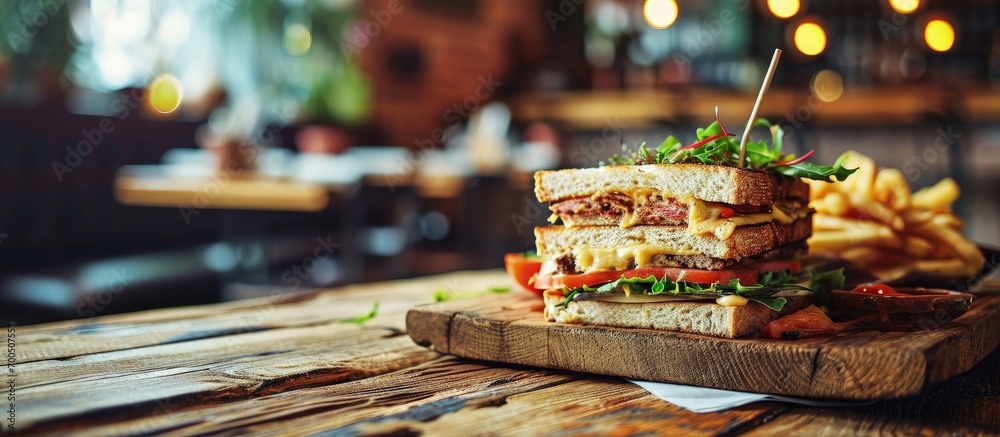 Club sandwich on wooden board on a table in a cafe. Creative Banner. Copyspace image - obrazy, fototapety, plakaty 