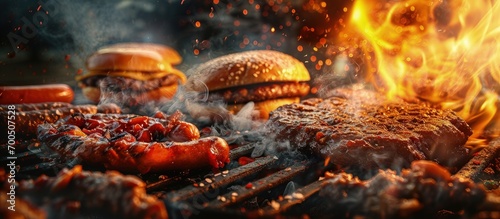 Hamburger patties and hot dogs on the grill under flaming coals. Creative Banner. Copyspace image photo