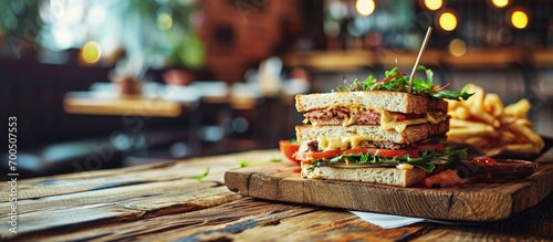 Club sandwich on wooden board on a table in a cafe. Creative Banner. Copyspace image