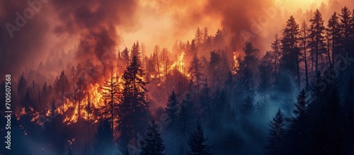fire wildfire at sunset burning pine forest in the smoke and flames. Creative Banner. Copyspace image