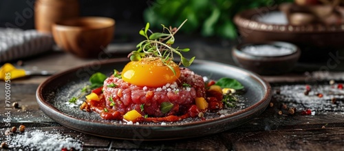 Gourmet tartar raw from beef fillet with yellow of the egg and vegetable as closeup on modern design dish. Creative Banner. Copyspace image