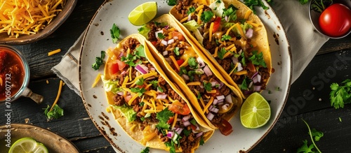 Ground Beef Tacos with shredded cheddar cheese fresh lettuce tomato onion on a white plate with lime wedges horizontal view from above mexican cuisine flat lay free space. Creative Banner photo