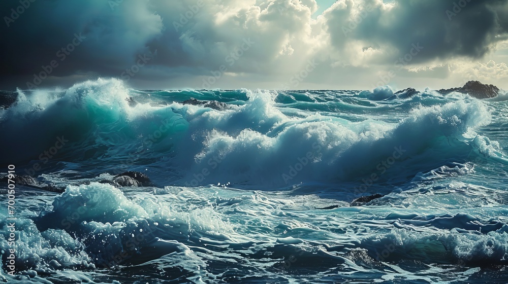 Turbulent Ocean Waves under Cloudy Sky with Sun Rays Turbulent Ocean Waves under Cloudy Sky with Sun Rays