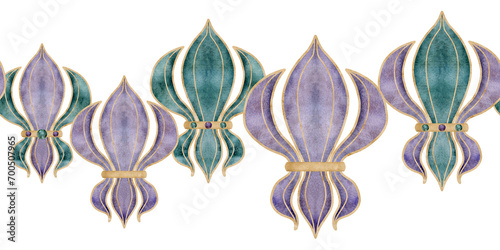 Hand drawn watercolor Mardi Gras carnival symbols. Fleur de lis French lily iris flower glass beads confetti baubles. Seamless banner isolated on white background. Design party invitation, print, shop photo