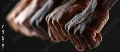 Closeup photo of two arms different race skin colors multinational friends antiracism issue help together buddies world globe integration giving fists bump isolated grey color background photo