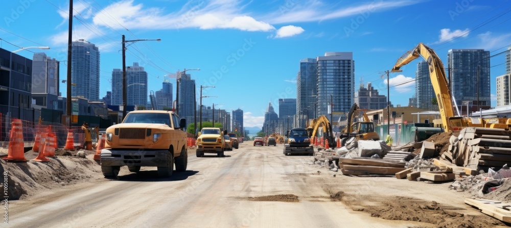 City highway construction project. Generative AI technology. - obrazy, fototapety, plakaty 