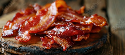 crispy sliced ethically raised organic bacon on a wooden plate. Creative Banner. Copyspace image