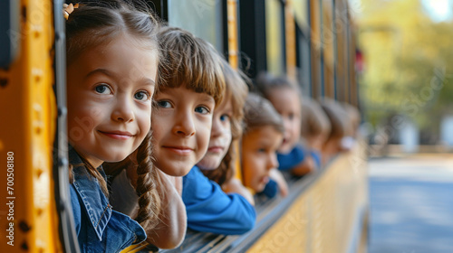 The excitement of a field trip is captured in the eyes of a group of kindergarten students as they board the bus. ai generated.