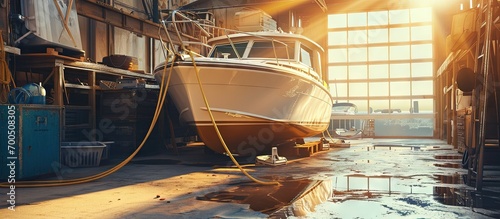 Boat on the stand in the marine workshop on the beautiful sunny day a place for maintenance and parking boats. Creative Banner. Copyspace image