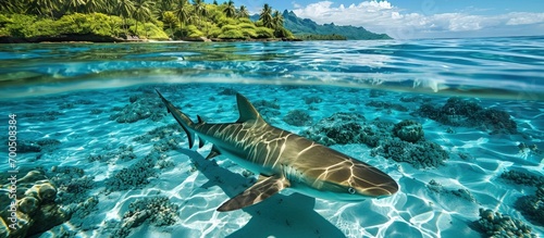 A Blacktip reef shark Carcarhinus melanopterus swims in shallow waters excited by food in the water near a French Polynesian island. Creative Banner. Copyspace image photo