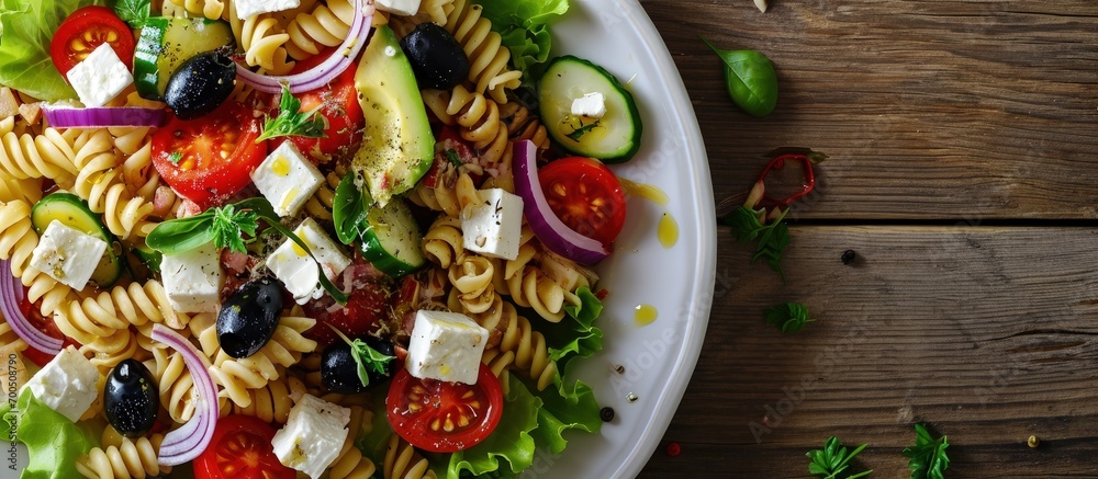 Greek Pasta Salad with tomato avocado black olives red onions and cheese feta banner menu recipe place for text top view. Creative Banner. Copyspace image - obrazy, fototapety, plakaty 