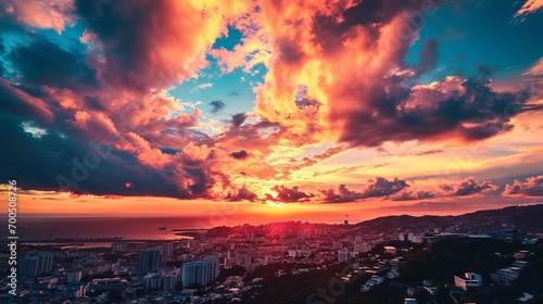 Breathtaking Sunset Over Cityscape with Dramatic Clouds and Ocean View