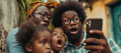 African family shock reaction looking at cellphone device parents and children surprise reaction to smartphone news. Creative Banner. Copyspace image