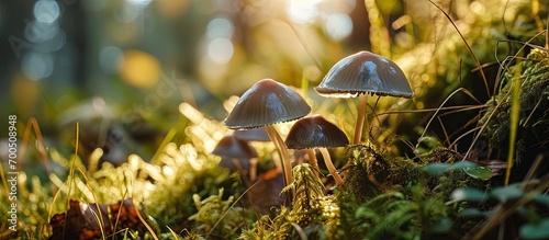Edible Fairy Ring mushrooms Latin Marasmius oreades in grass closeup Soft selective focus. Creative Banner. Copyspace image photo