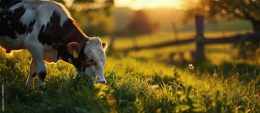 Calf eating green grass at sunset Farm baby animal. Creative Banner. Copyspace image - obrazy, fototapety, plakaty 