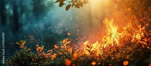 Controlled burning of vegetation in the spring. Creative Banner. Copyspace image photo