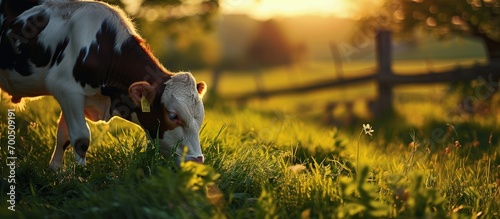 Calf eating green grass at sunset Farm baby animal. Creative Banner. Copyspace image