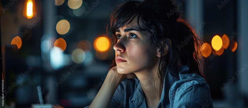 Brunette woman working at the office at night skeptic and nervous frowning upset because of problem negative person. Creative Banner. Copyspace image