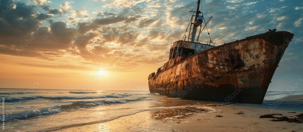 Abandoned boat wreck washed up on the beach one morning. Creative Banner. Copyspace image Abandoned boat wreck washed up on the beach one morning. Creative Banner. Copyspace image